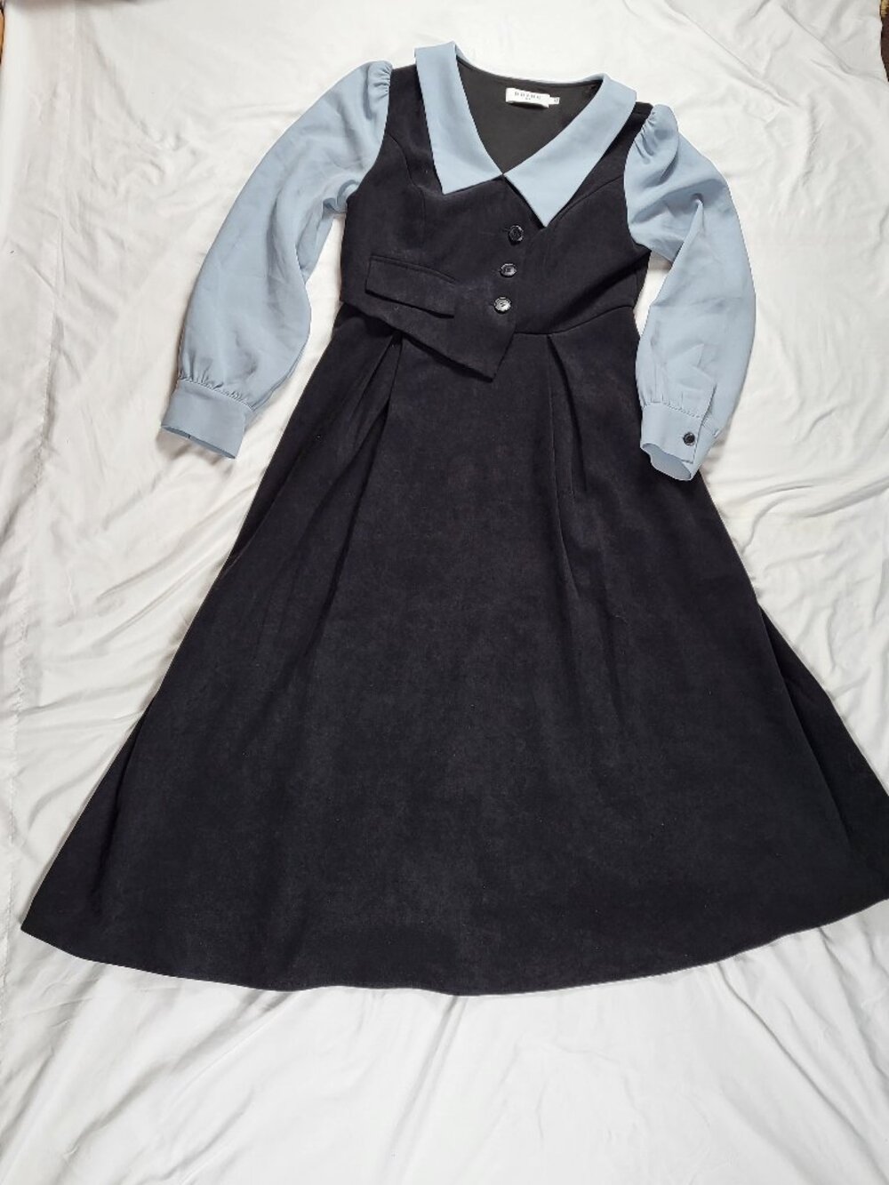 Dushu Dress Women Medium Black Blue Collared Maxi Velvet Academia School Acubi
